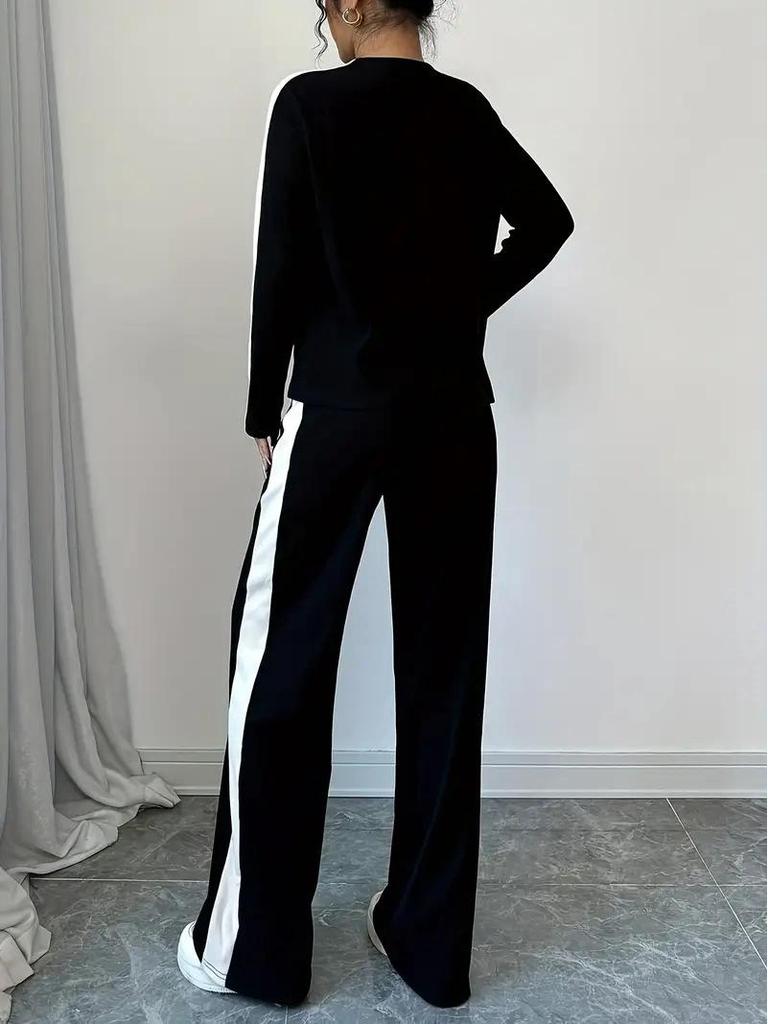 Europäisch & Amerikanisch 2025 Herbst/Winter Damen Color-Block Patchwork Langarm T-Shirt & Hose Zweiteiler