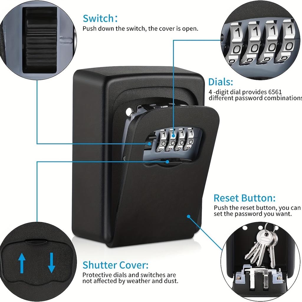 Secure & Spacious Wall-Mounted Key Safe - Waterproof, Weatherproof Metal Lock Box with 4-Digit Combination for Home Keys, Easy Install, Black