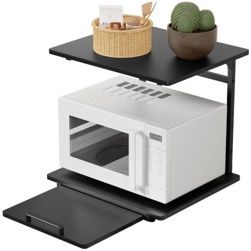 TKUIN Refrigerator Over-Rack/Microwave Rack, 47.5cm Wide x 43.5-69.5cm Deep x 45cm High, 2-Tier with Sliding Tray, Toaster Oven Storage, Over-Refriger