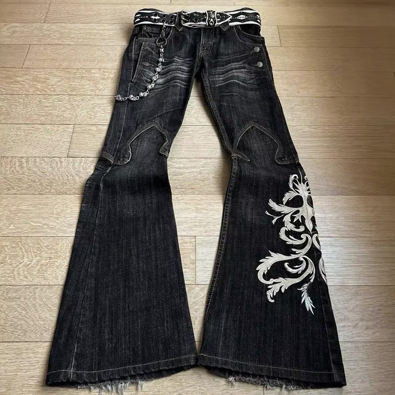 American Trendy Y2K Harajuku Retro Pattern Embroidery Washed Blue Jeans Women's Street Fashion Slim Pants