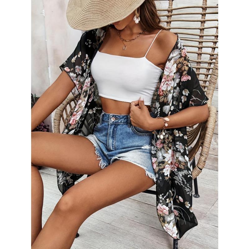 Elegante Kimono Cárdigan de Chifón Floral - Ligero, Transparente Negro con Estampado Floral Vibrante, Manga Corta, Frente Abierto, Cárdigan Estilo Kimono