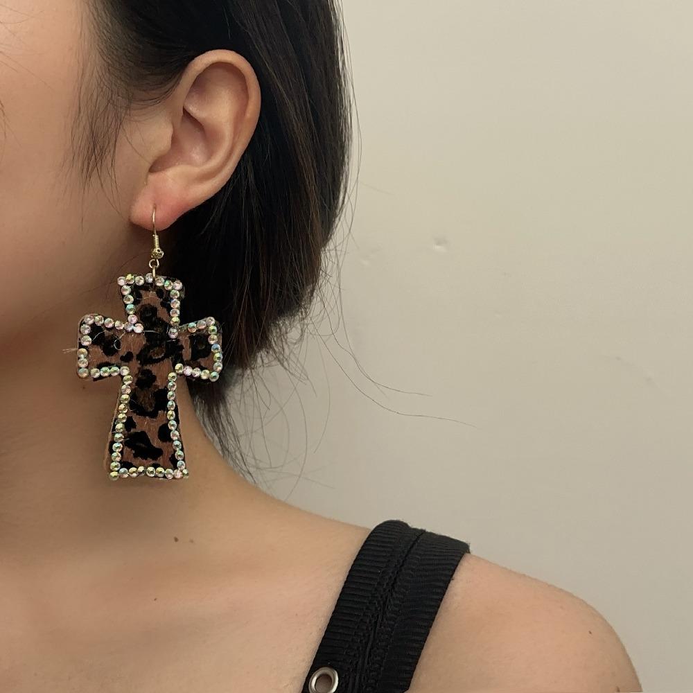 Y2k Hot Girls Colored Diamond Leopard Print Large Flocking Cross Dangle Earrings for Women Punk Exaggeration Jewelry Accessory