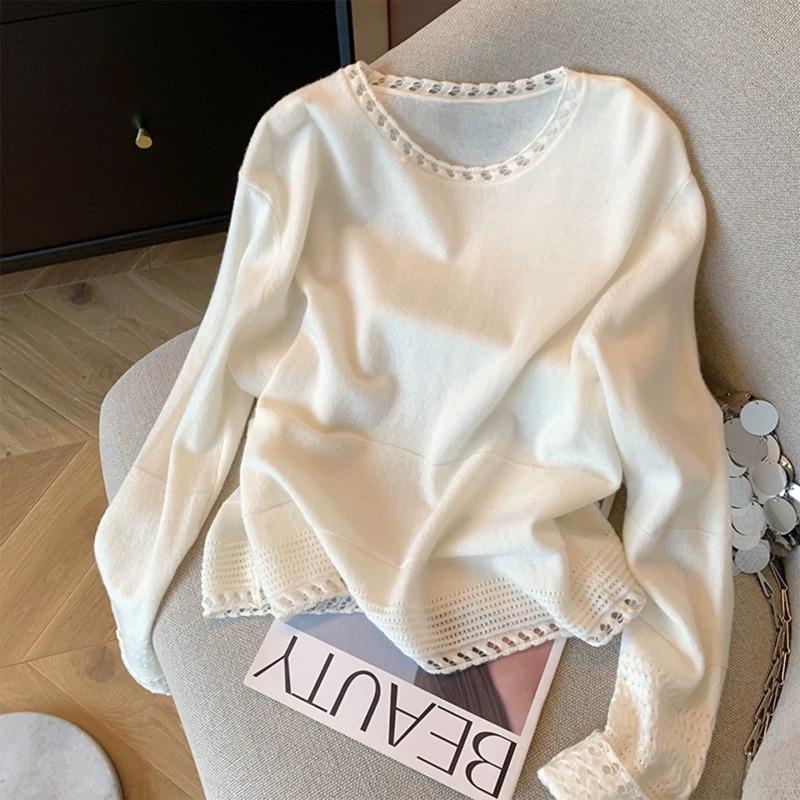 

Hollow Round Neck Long Sleeve Women s Autumn and Winter New Sweater Fashion Versatile Soft Waxy Sweater Top onesize белый