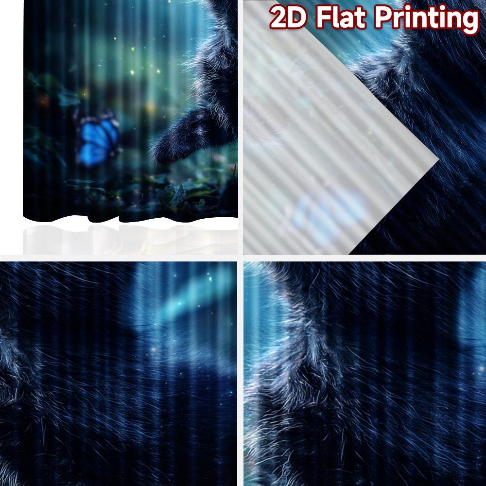 2D Flachdruck 2 Stück Fenstergardinen Schwarze Katze Blaue Schmetterlinge Fantasy Digital Gedruckte Polyester Vorhänge Festlicher Feiertag Perfekt