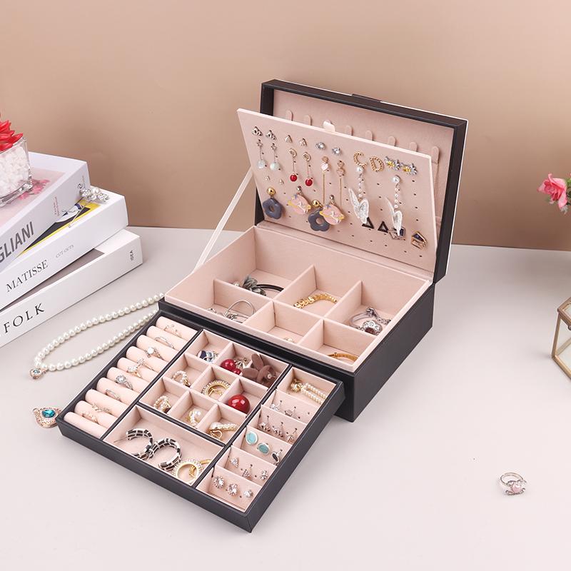 PU Leather Jewelry Storage Box with Clear Flip Lid Double Layer Drawer Organizer for Earrings Ring Necklace Display Jewelry Case