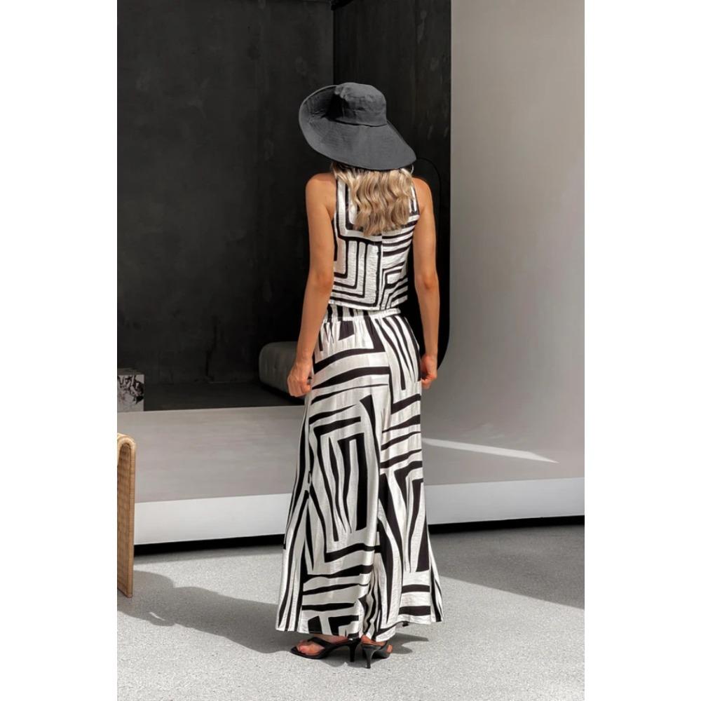 2025 Summer New Geometric Printing Casual Loose Vest Wide-leg Straight Pants Set