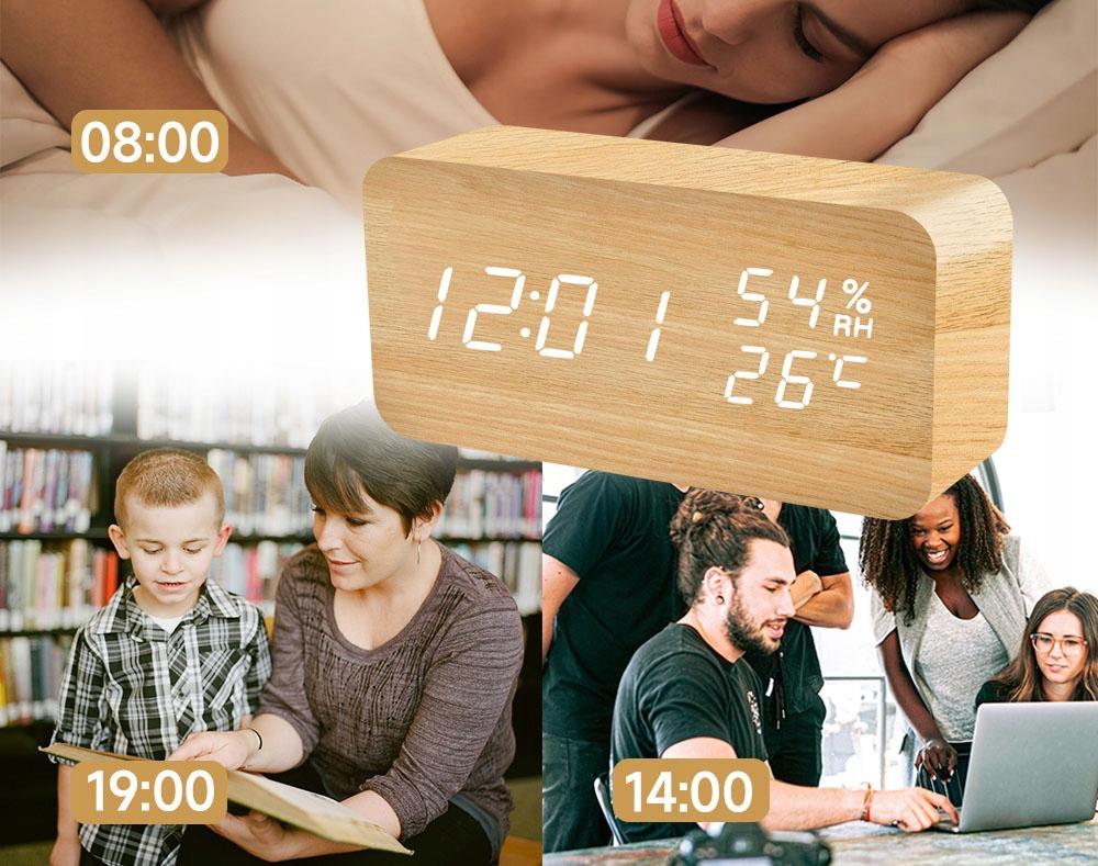 Wooden Alarm Clock With Thermometer And Clapper, Usb Or Batteries Operated