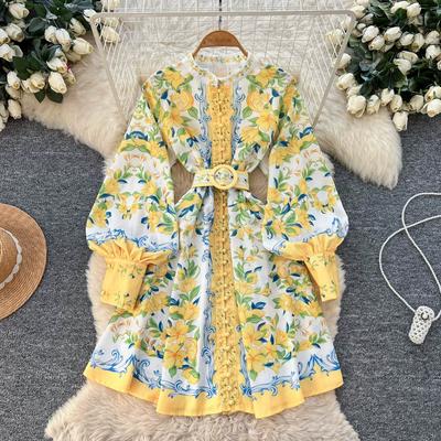 Frühling Sommer Mode Gelb Floral Print Gürtel Schlankes Kurzes Kleid für Damen Vintage Stehkragen Langarm A-Linie Minikleid mit Gürtel
