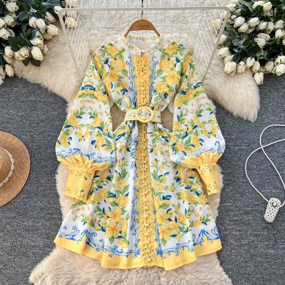 

Мода Весна-Лето Желтый Цветочный Принт Пояс Тонкое Короткое Платье для Женщин Винтажное Платье-Мини А-силуэта со Стойкой и Длинным Рукавом с Поясом S жёлтый