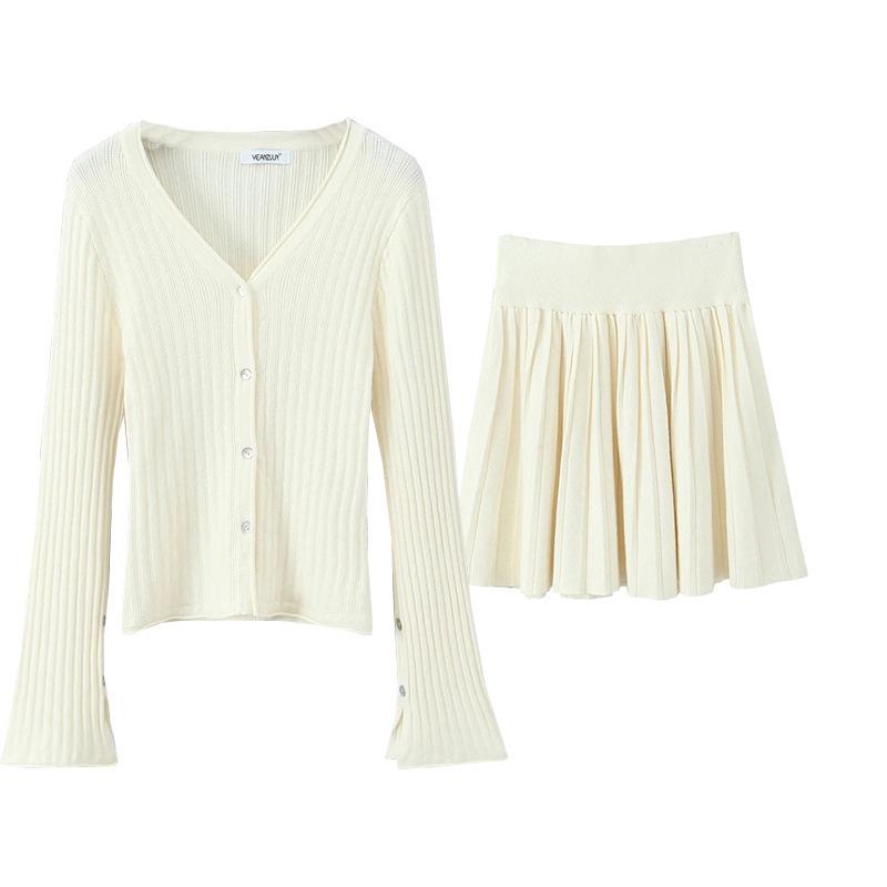 Korean Retro V-Neck Cardigan & High Waist Pleated Skirt Knit Set
