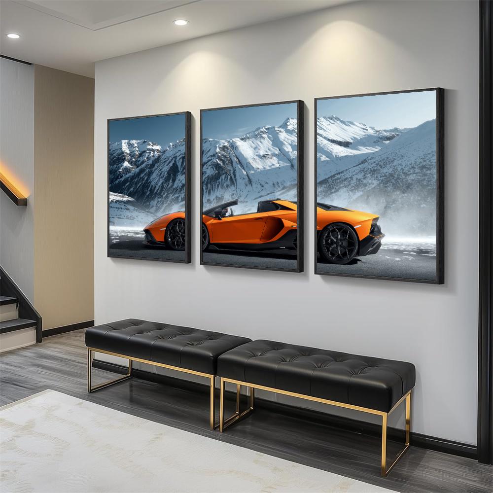 Sports Car Three Quarter View Painting Calligraphy 3 PCS Canvas Wall Art for Living Room Bedroom Prints Decor Modern Wall Decals