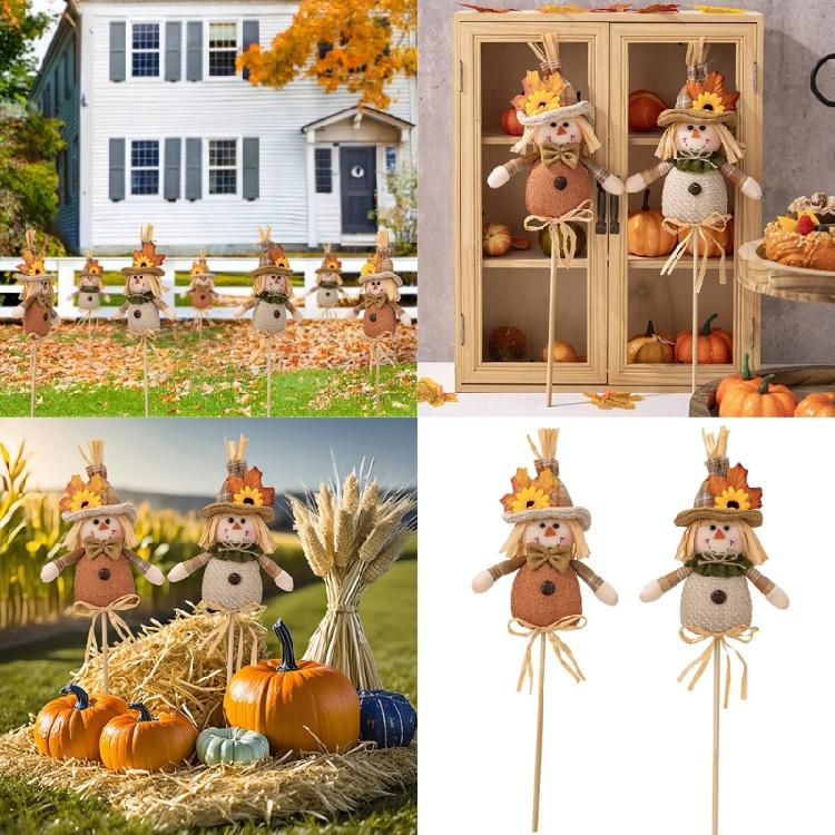 2Pcs Handmade Straw Scarecrow Stick Puppets Thanksgiving Theme Tabletop Display Statue Garden Straw Dolls Accessories