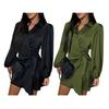 Women's Satin Shirt Dress V Neck Long Sleeve Wrap Dress Casual Tie Waist Mini Dress Party Club Short Dress