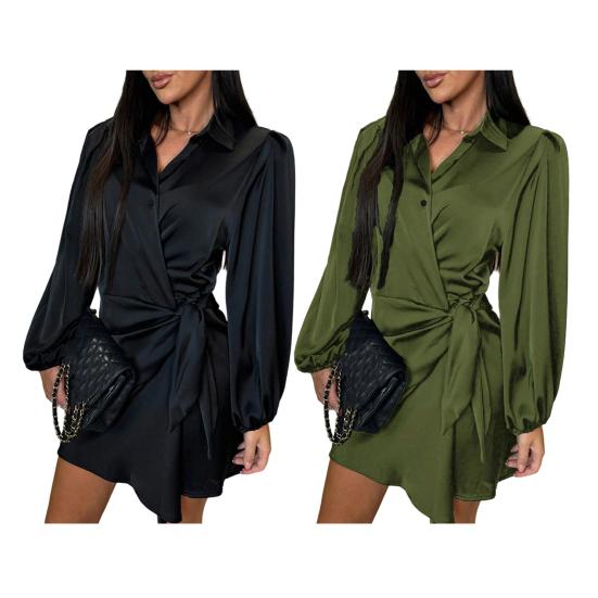 Women's Satin Shirt Dress V Neck Long Sleeve Wrap Dress Casual Tie Waist Mini Dress Party Club Short Dress