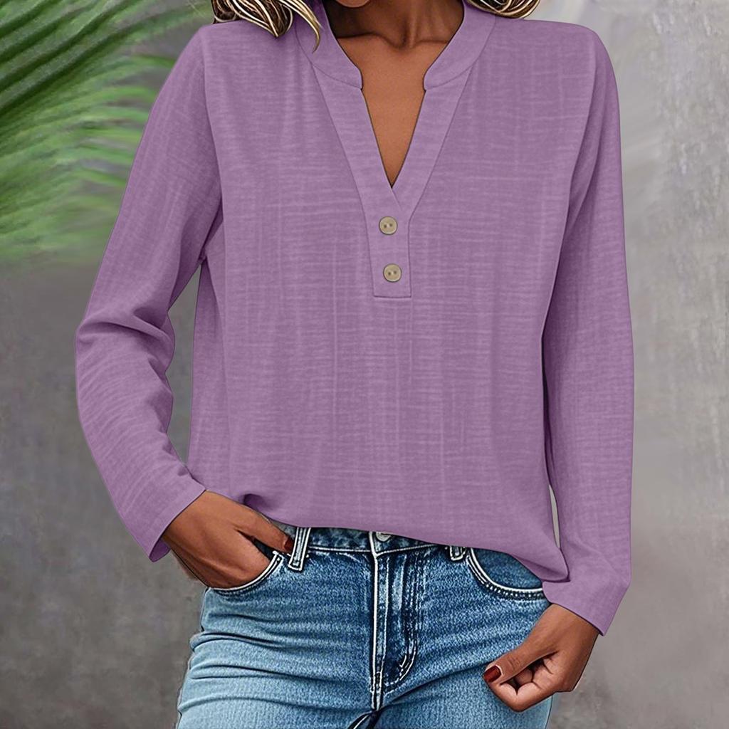 Long Sleeve Linen Tops For Women Loose Fit V Neck Button Down Shirts Cute Solid Summer Beach Tee Shirts