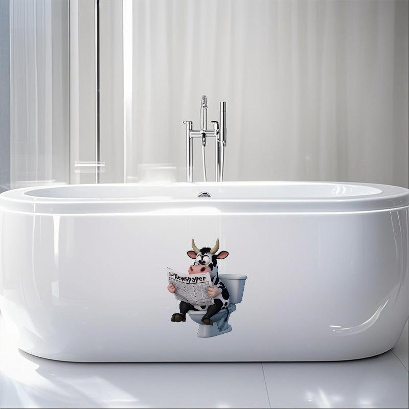 3D Funny Cow Reading Newspaper On Toilet Wall Sticker Self-Adhesive Waterproof Removable Bathroom Home Decor Art