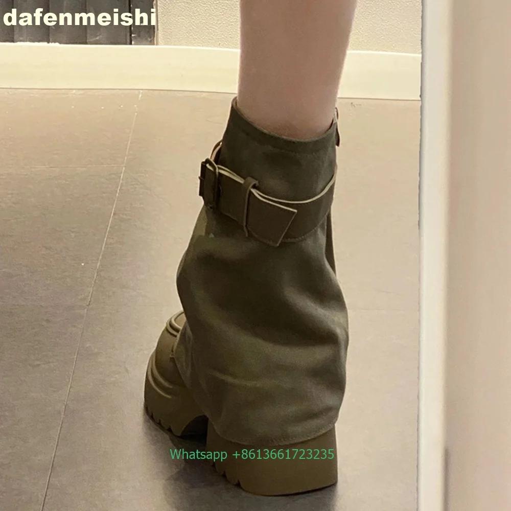 Fashion 2025 Spring Autumn Trouser Boots Detachable Women's Novelty Pull-On Mid-Calf Boots Platform Chunky Khaki Leather Boots Loafers