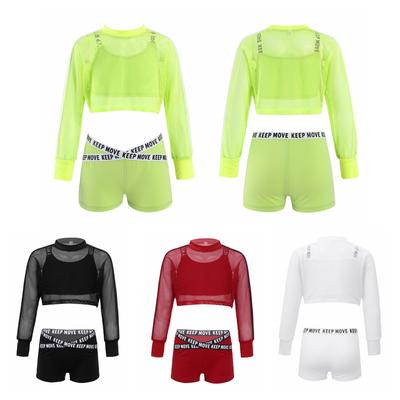 Kinderen meisjes 3-delige jazz hiphop dansoutfits korte netblouse met tanktop en buitshort trainingspak