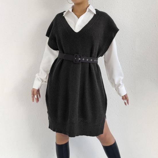 Women Sweater Vest V-Neck Sleeveless Solid Color Knitting Vest Loose Fit Side Split Design Casual Sweater Vest