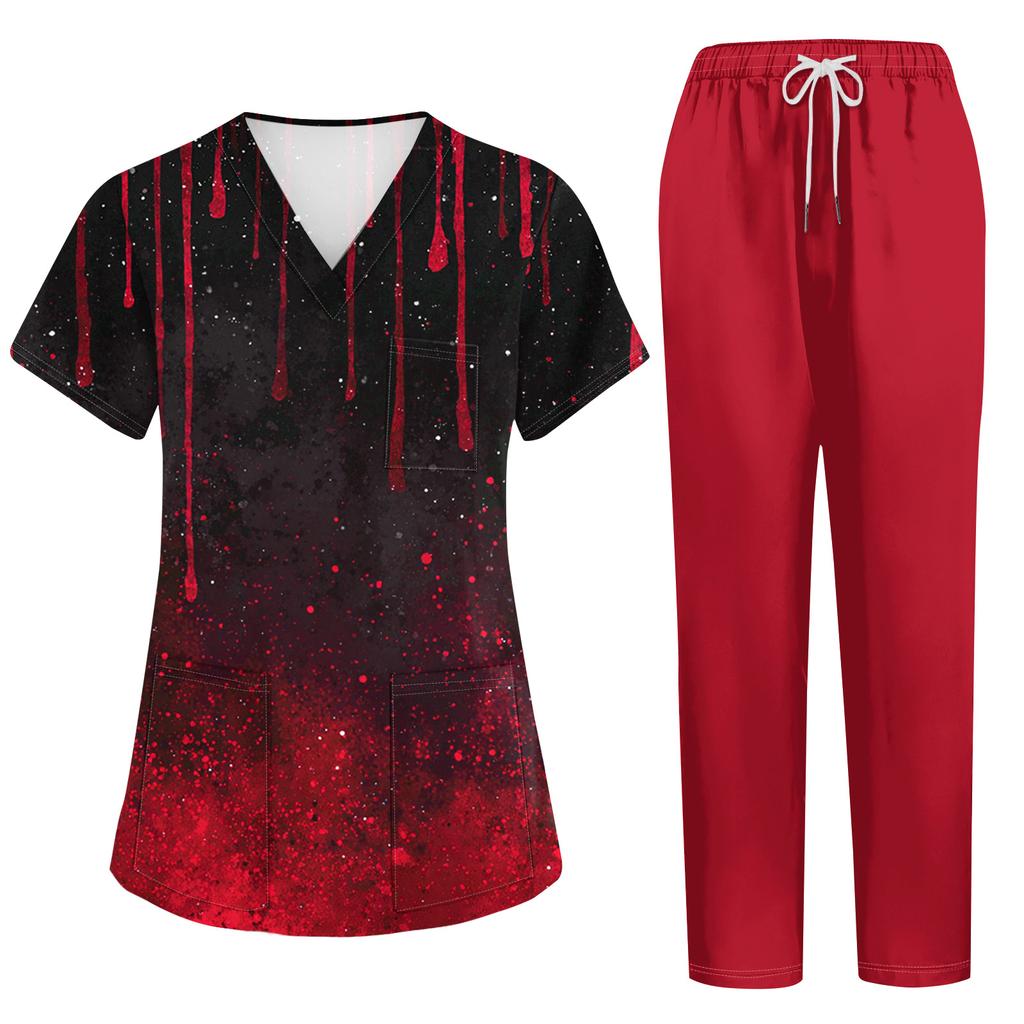 Women's Halloween Print Scrub Set - Short Sleeve Top and Pants with Pockets for Work