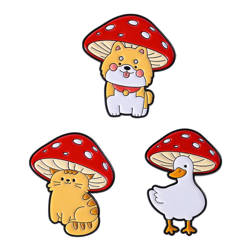 Animal Mushrooms Enamel Pins Custom Cat Dog Goose Brooches Lapel Badges Clothes Animal Jewelry Gift for Kids Friends