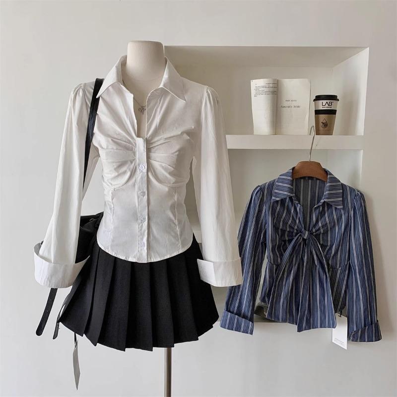 

Шикарний топ у французькому стилі Осінь Довгий рукав Талія Бант V-подібний виріз Модна сорочка на бретельках для жінок S білий