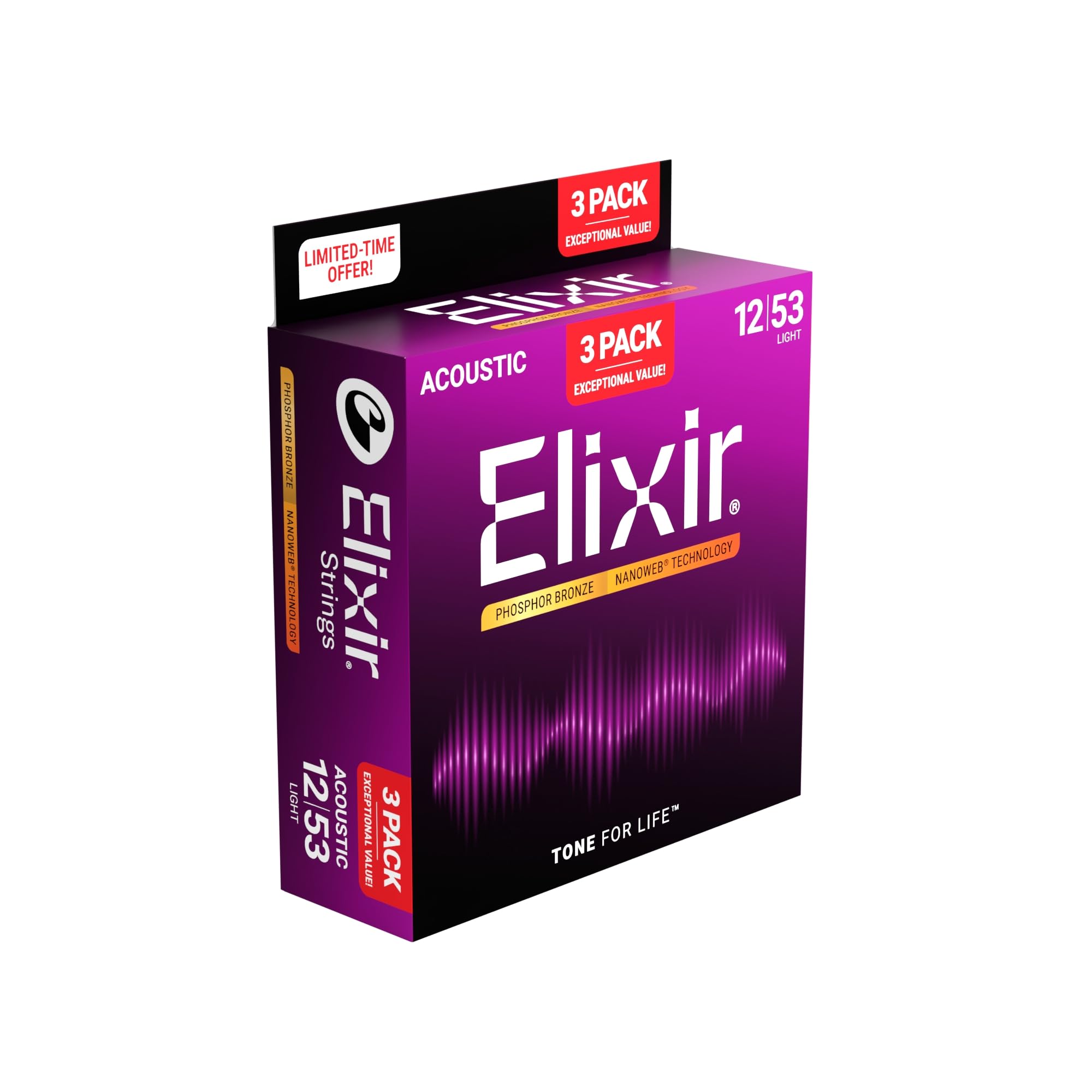 

Elixir Acoustic Guitar Promotional NANOWEB Phosphor Bronze Strings, 3-Pack Pack, Light, .012-.053, #16569 (16052, 3-Pack)