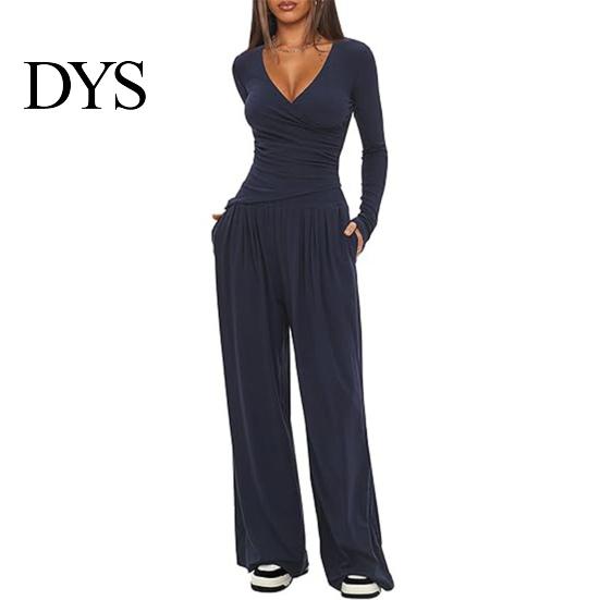 Stilvoller lockerer Damenanzug Damen 2-teiliges Loungewear-Set V-Ausschnitt Langarm-Oberteil Einfaches einfarbiges Outfit Und Weitbeinige Hosen Set Frühling Herbst Freizeit