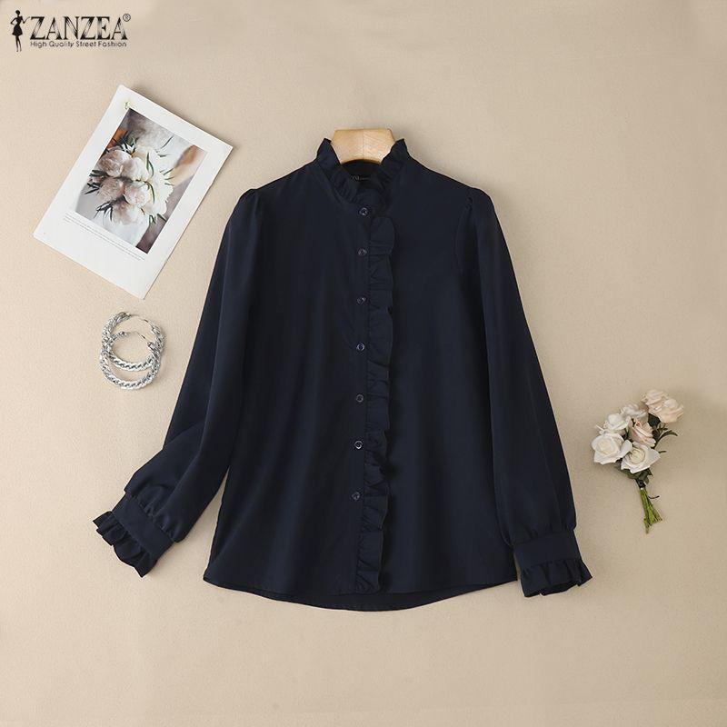 ZANZEA Damska bluzka z długim rękawem i stójką w jednolitym kolorze