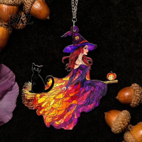 Three Dimensional Acrylic Decor Vintage Halloween Cat Witch Decoration, Window Hanging Ornaments, Transparent Art Rustic Farmhouse Tree Decor,