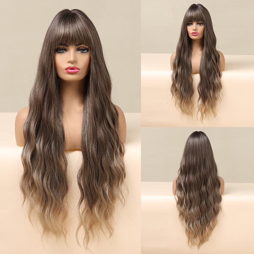 EASIHAIR Long Golden Blonde Ombre Wavy Synthetic Wigs for Women Cute Natural Hair Wigs with Bangs Heat Resistant Wigs Cosplay
