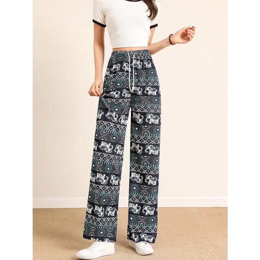 Long Elephant Pants Adjustable Elastic Waist Rope Loose Legs Women Men Unisex Print Thailand Casual Streetwear Beach Bohemian Retro Vintage