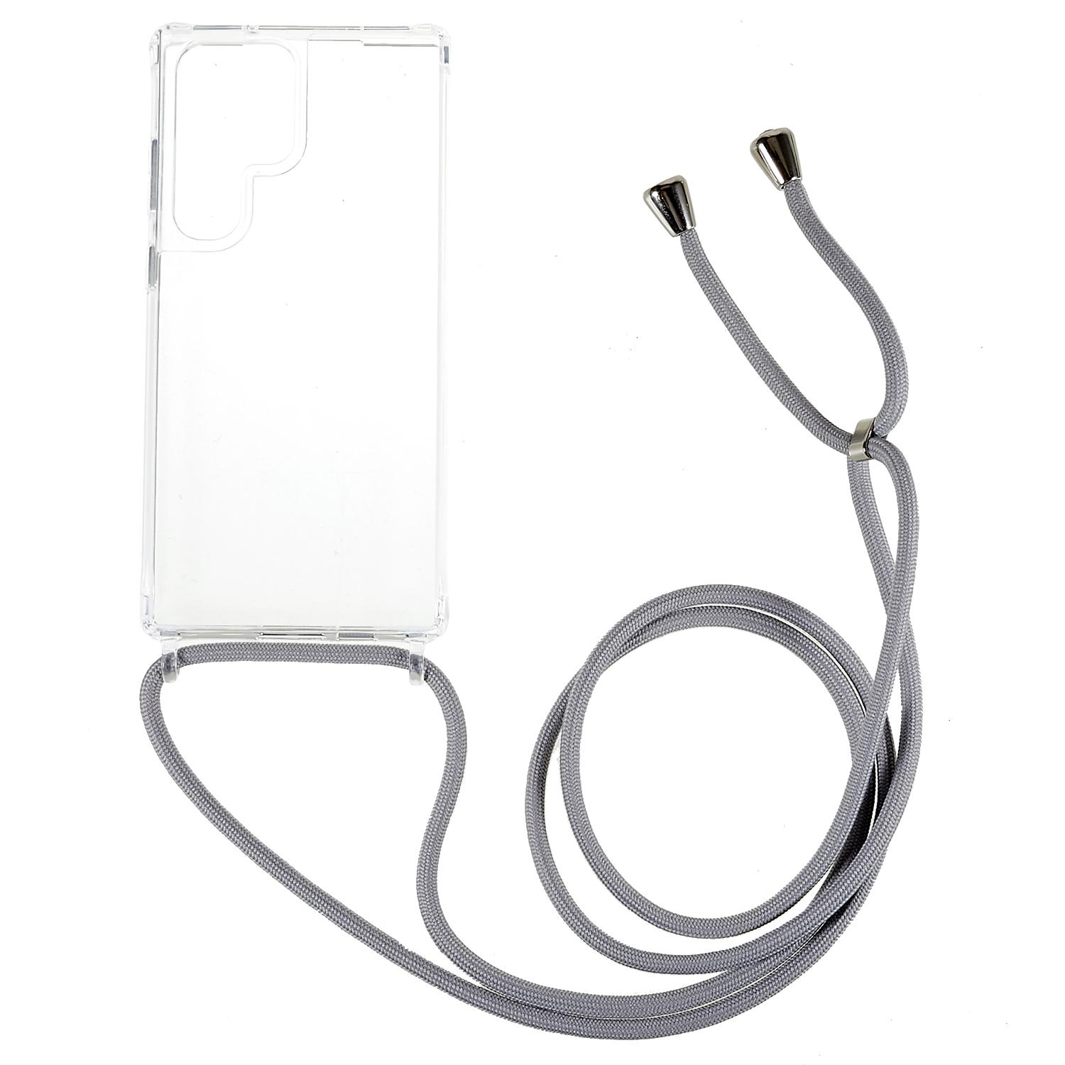 

For Samsung Galaxy S23 Ultra TPU+Acrylic Phone Drop-proof Cover Clear Anti-scratch Case with Long Lanyard Grey