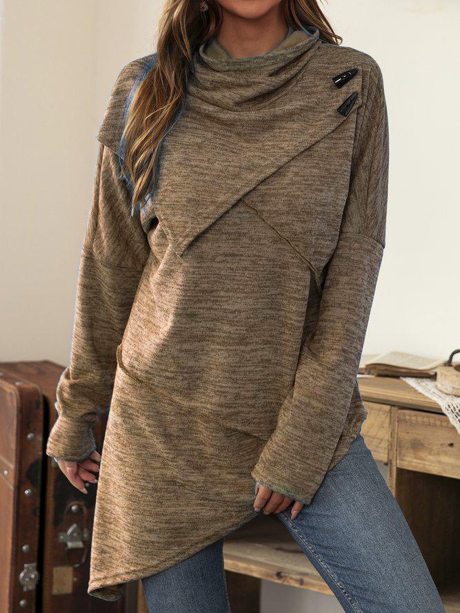 Women s Cowl Neck Long Sleeve Sweater Oversized Fit Asymmetric Button Patchwork Solid Color Streetwear Tunic Top S