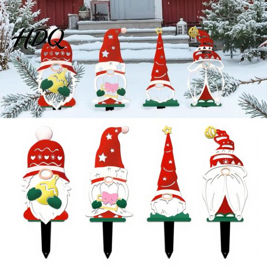 Outdoor Christmas Yard Signs 4Pcs Metal Gnome Garden Stakes Decorative Iron Signs Weather Stakes Resistant Sculptures for Lawn Flower Bed & Holiday