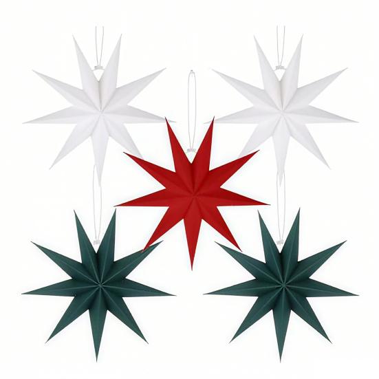 5Pcs Star Lanterns 12-Inch Paper Christmas Ornaments 9 Pointed Hanging Lamp Lampshades Vintage Farmhouse