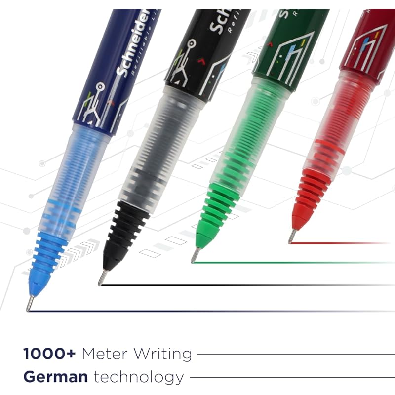 

Luxor Schneider LX MAX roller ball pen, Pack of 4 - Assorted, Needle Tip, 0.5mm, 100% German Technology, 1000+ mtrs writ 14