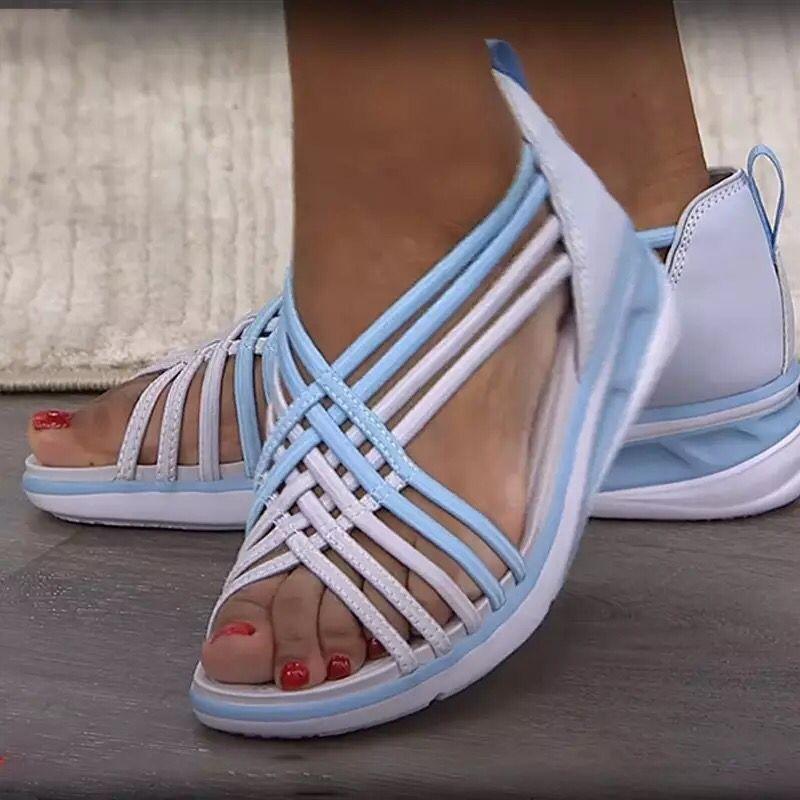Summer large size wedge heel sandals women's woven fish mouth color matching women's sandals beach shoes
