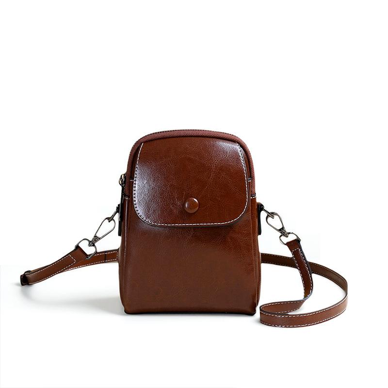 Leather Small Bag for Spring and Summer, Trendy Oil Wax Cowhide Phone Bag, Retro Crossbody Bag, Single Shoulder
