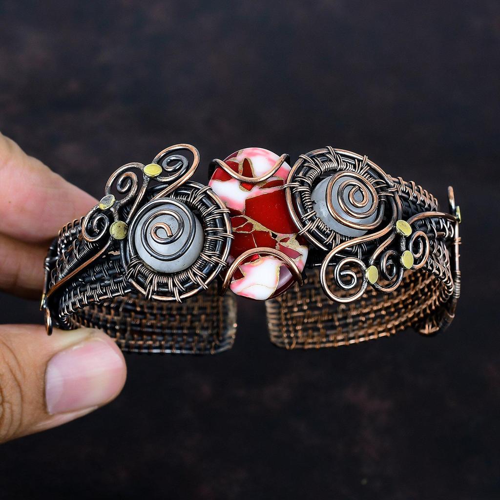 Kingman red mohave copper turquoise cuff bracelet copper wire wrapped adjustable bangle rainbow moonstone bangle gemstone jewelry for gifts