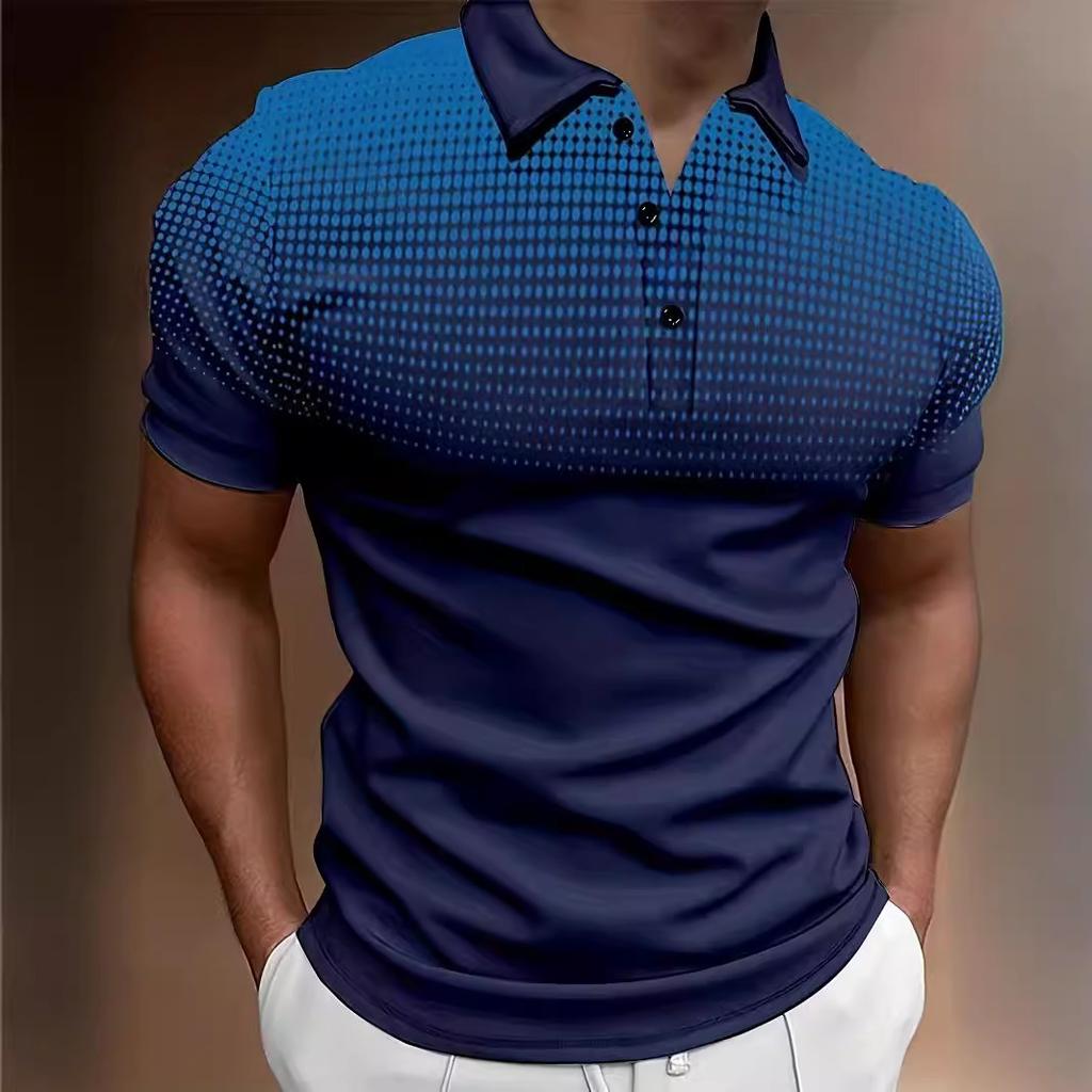 Polyester Fashion T-shirt Button Gradient POLO Shirt Casual Short Sleeved Summer Street Wear Men's Clothing European Size