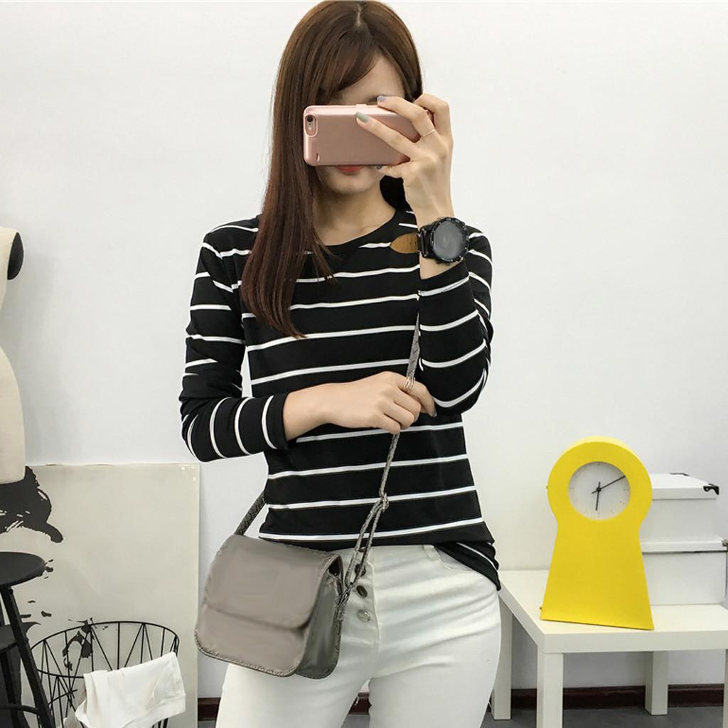 Women Korean Version Loose Stripe Long Sleeve  Bottoming Shirt Casual Tops