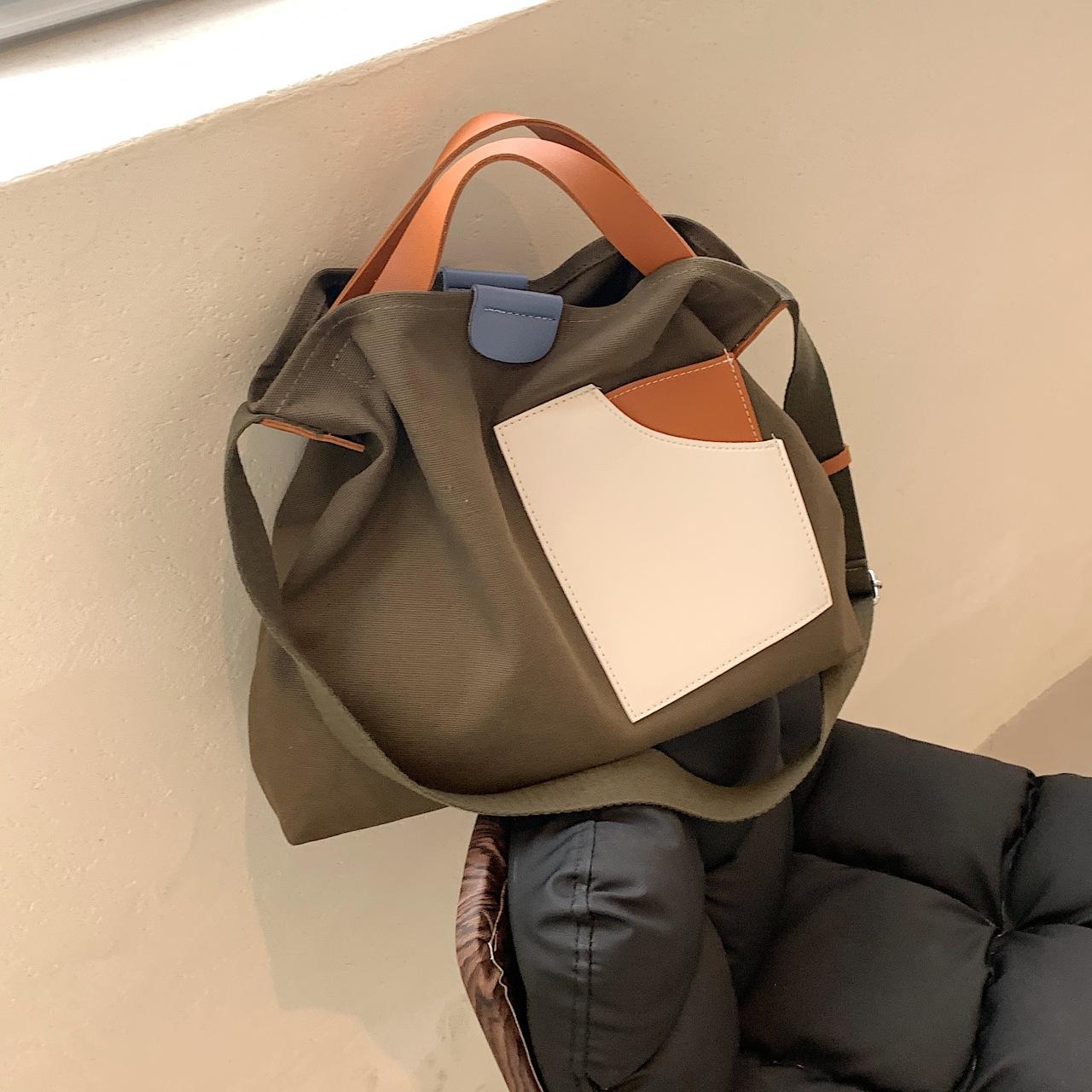 

Korean ins niche design contrasting color splicing canvas bag women s summer large-capacity simple fashion shoulder oblique span bag 37*10*31 зелёный