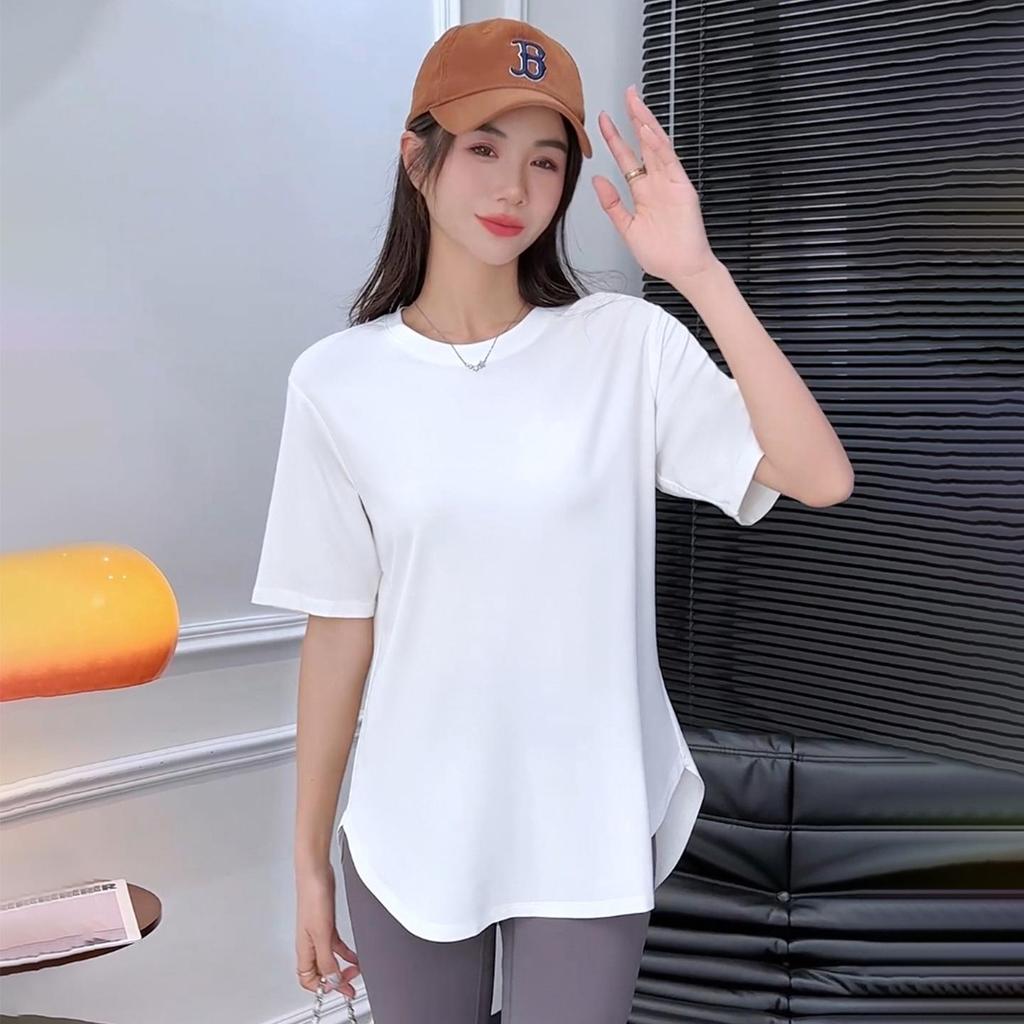 Women's Cool Ice Feel Solid Color Round Neck Short Sleeve Loose Fit Summer Top with Curved Hem