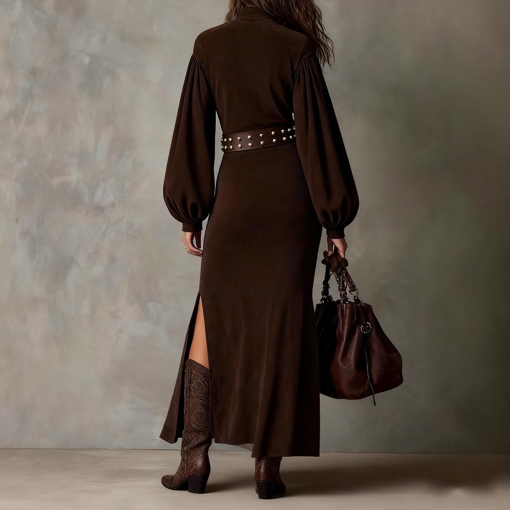 Damen Vintage Samtkleid Hochtailliert Elegant Bleistift Schlitz Formell Langarm Bodenlanges Kleid