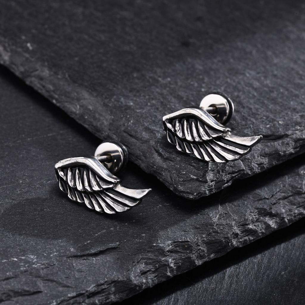 Stainless Steel Jewelry Vintage Devil Wing Man Earrings Angel Wing Feather Stud Gothic Dad Boyfriend Valentine's Day Gift