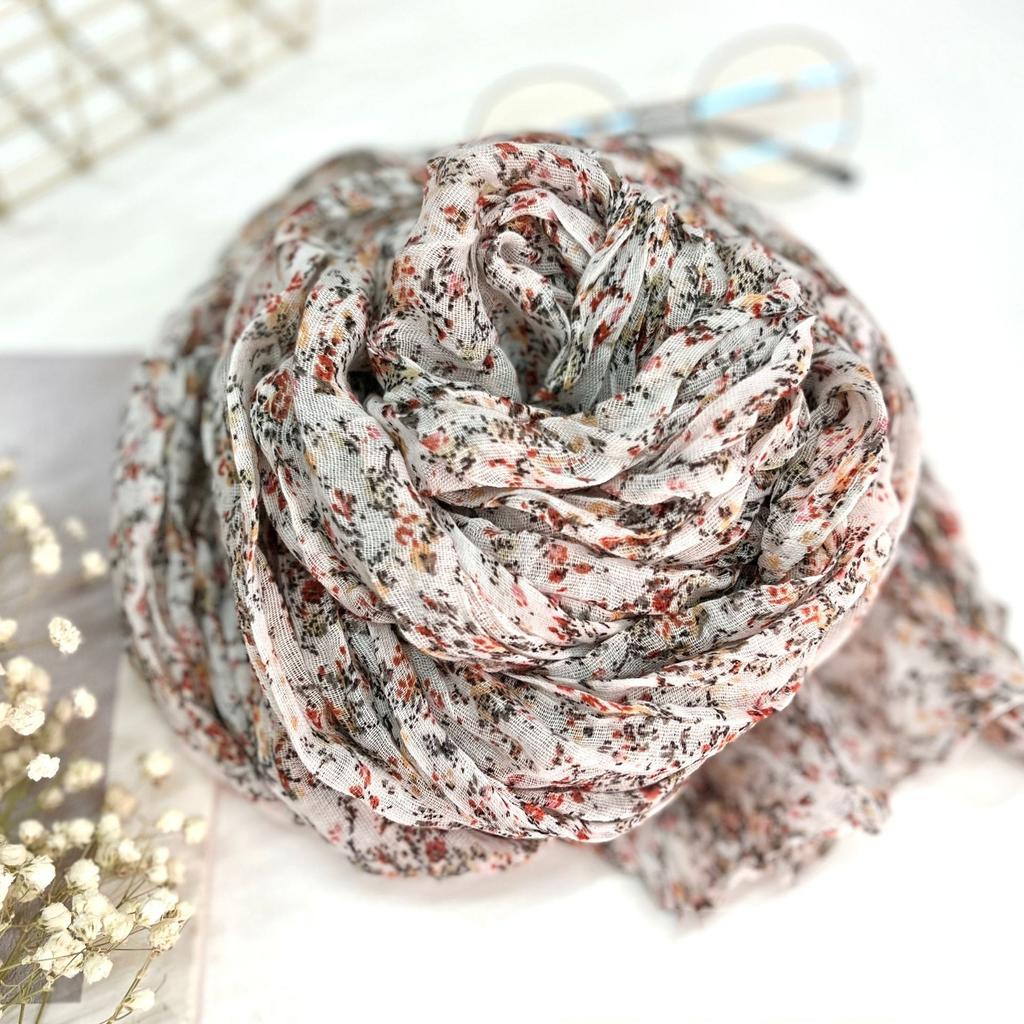 New Retro Literary Imitation Cotton And Linen Pleated Thin Versatile Shawl Small Floral Scarf Yarn Japanese Fashion Trend