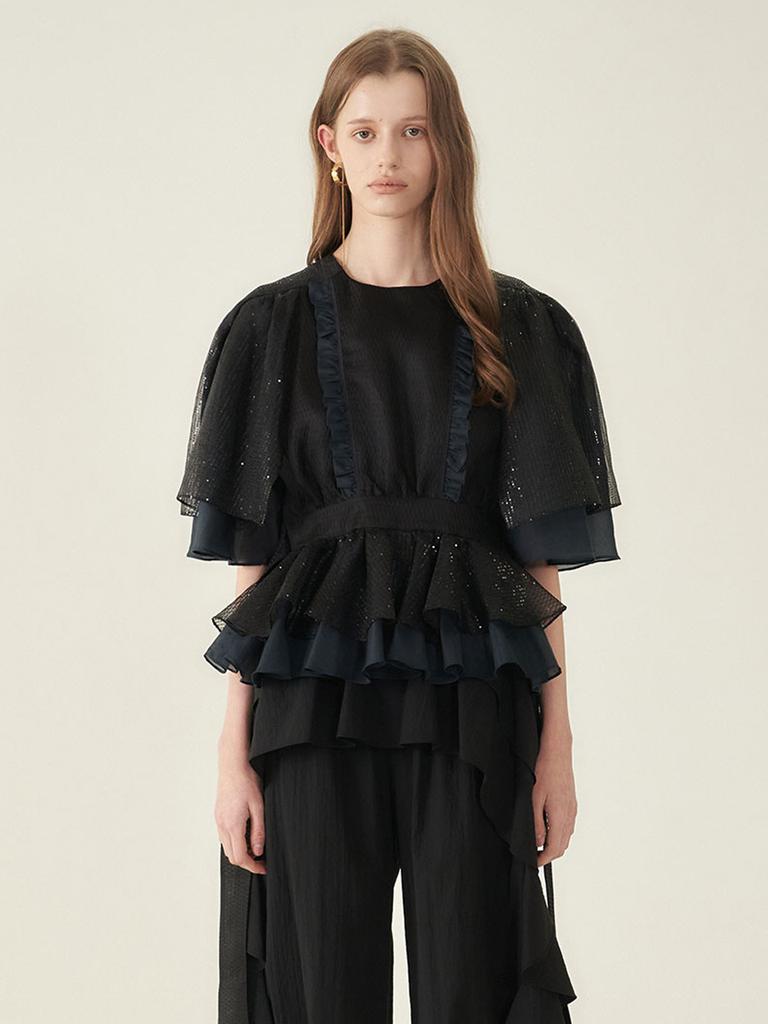 CAHIERS Black Sequin Cotton Silk Cape Tiered Frill Blouse
