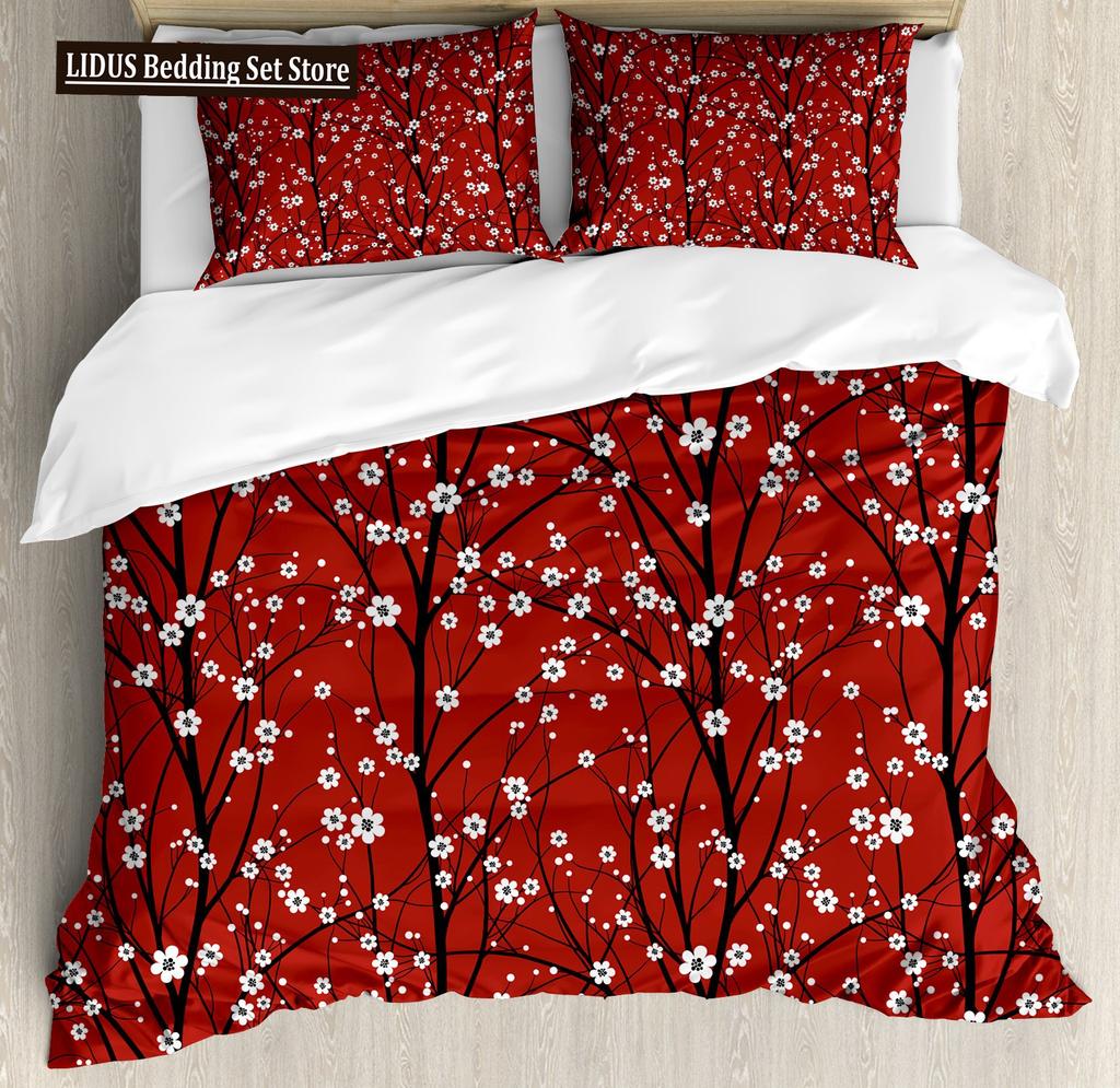 Japanese Duvet Cover Set,Branch Of A Flourishing Sakura Tree Flower Cherry Blossoms Spring Theme Art Japan Bedding Set Full Size