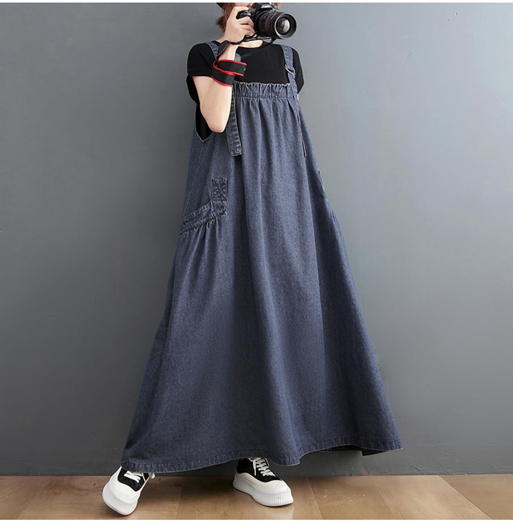 JIYUTOR Denim Jumper Loose Long Plus Sizes Dress, Ankle-Length, Fit, Slimming, Figure-Flattening, Length, All-in-One Overalls, (Free Size, Blue)